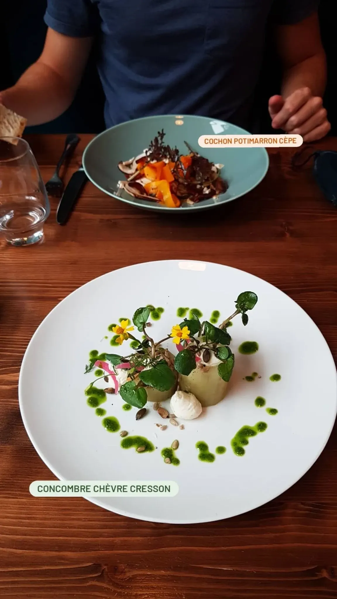 Plate of cucumber, goat's cheese and watercress on a wooden table