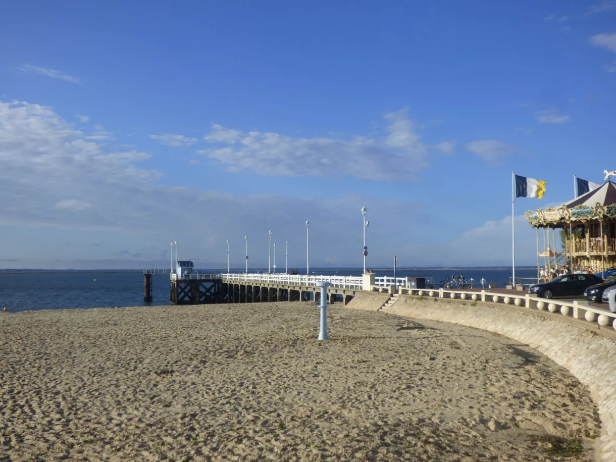 Wooden jetty and flags at the end of the beach