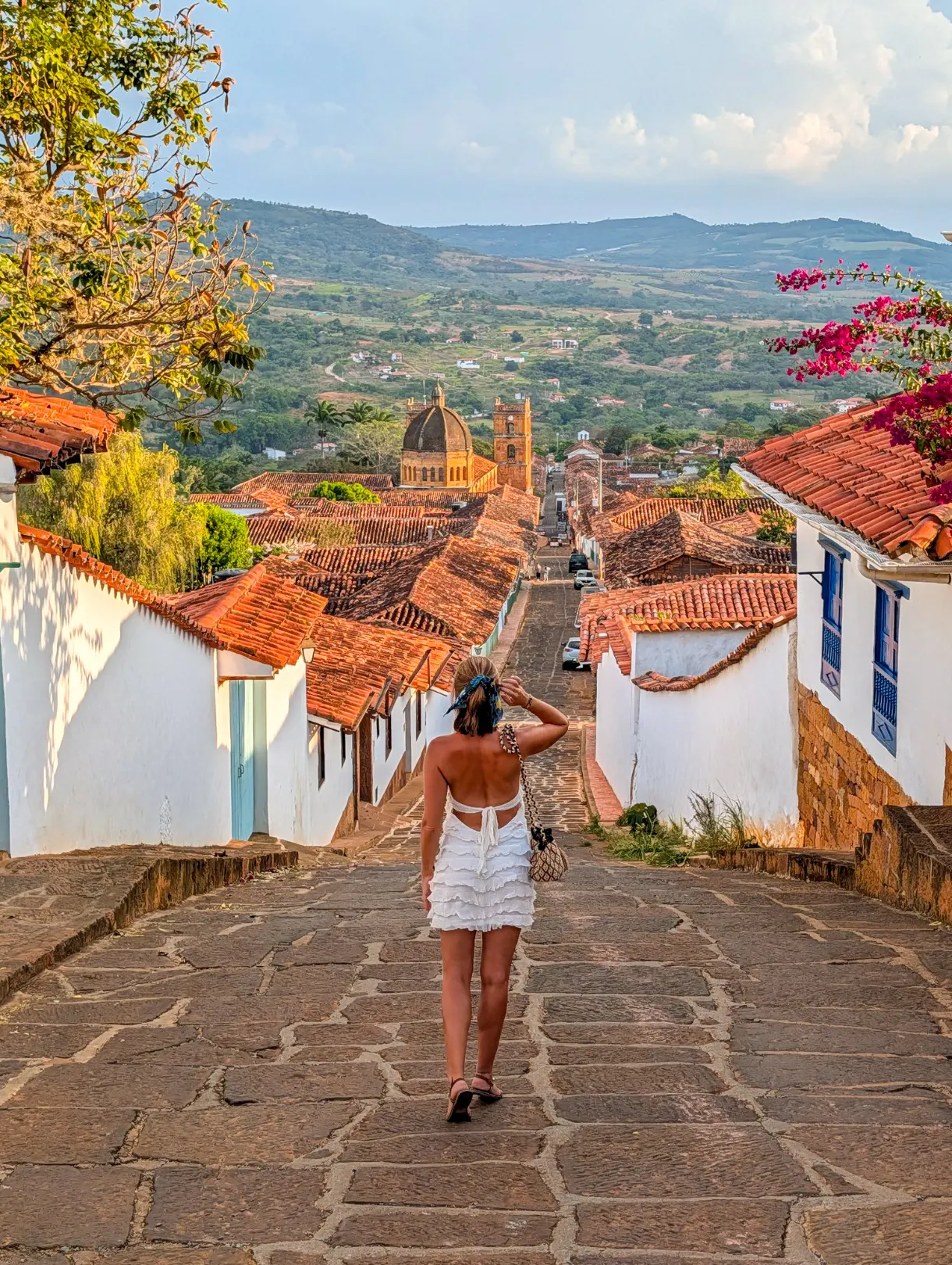 Paved street and white houses in the village of Barichara, Colombia